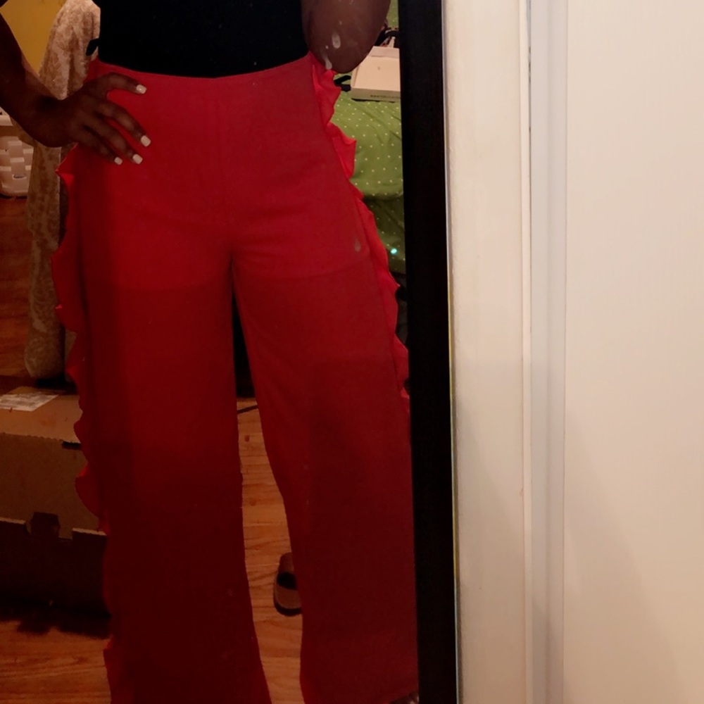 Misguided red chiffon frill wild leg trousers